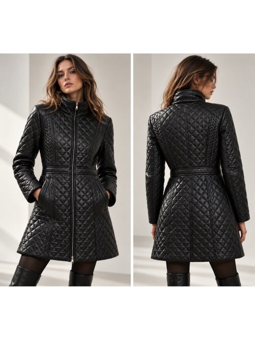 Jones New York Women's Genuine Leather Quilted Black Coat Jacket Size M
